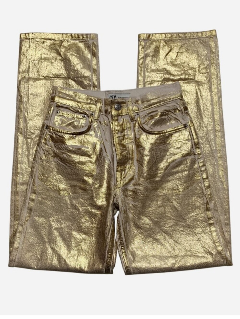 Zara Gold Foil Crackle Mid-Rise "Boy Boy" Straight Leg Women's 2 Indie Sleeze